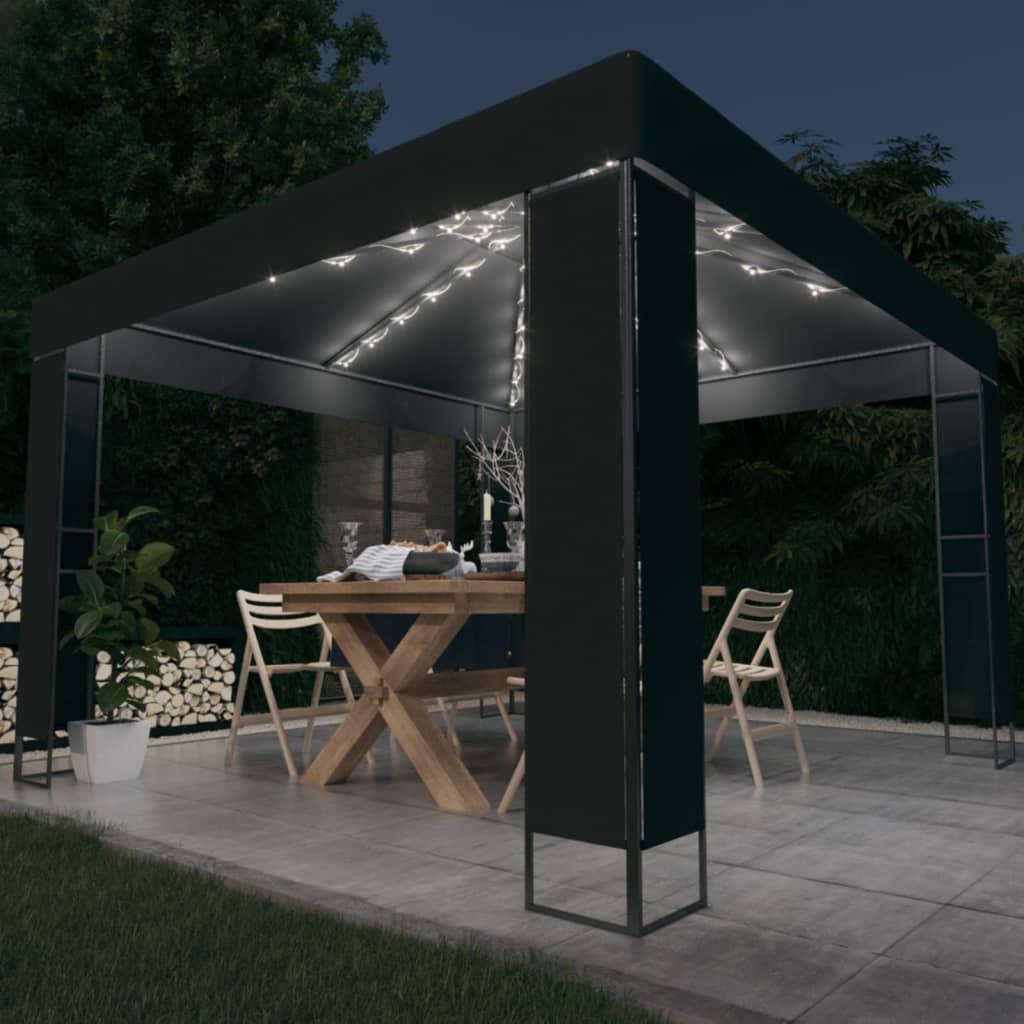 vidaXL Altánok s dvojitou strieškou a LED reťazou 3x3 m, antracitový