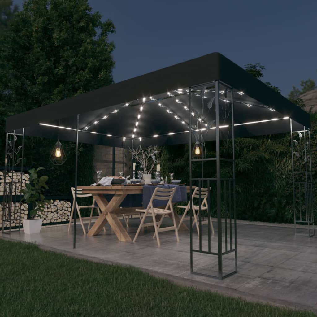 vidaXL Altánok s dvojitou strieškou a LED reťazou 3x4 m, antracitový
