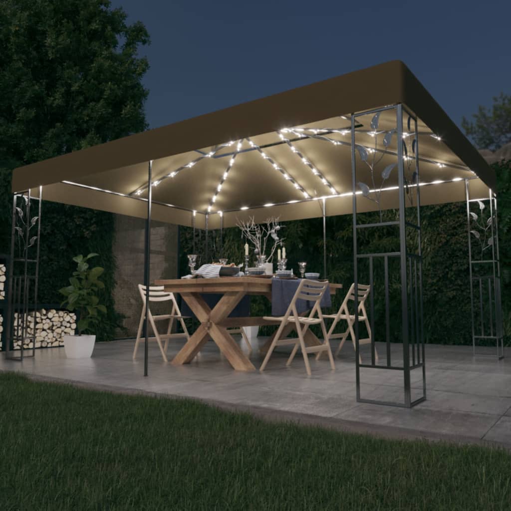 vidaXL Altánok s dvojitou strieškou a LED reťazou 3x4 m, sivohnedý