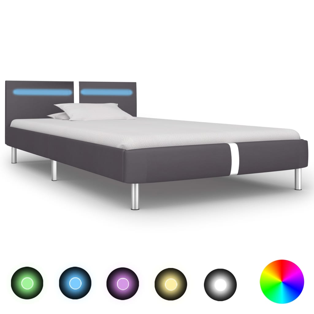 vidaXL Posteľný rám s LED, sivý, umelá koža 90x200 cm