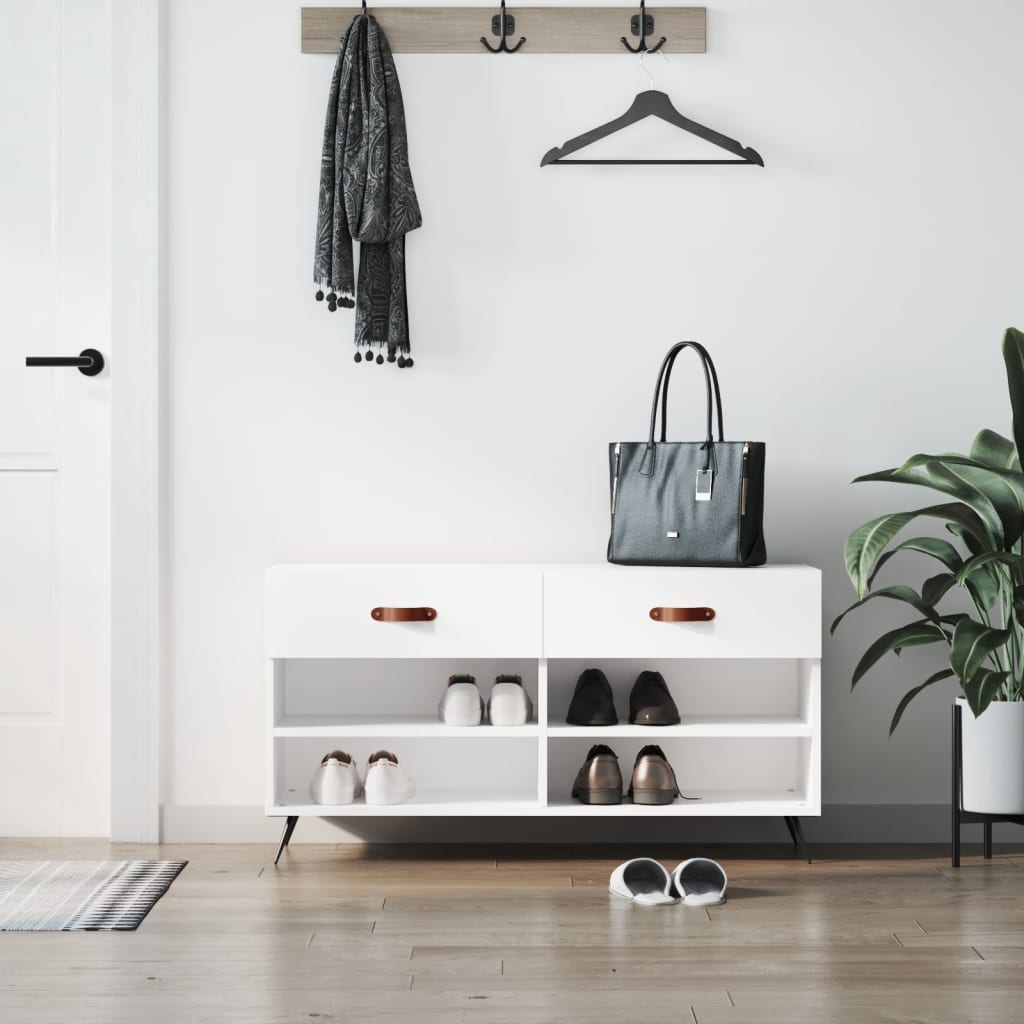 vidaXL Lavička na topánky, lesklá biela 102x35x55 cm, kompozitné drevo