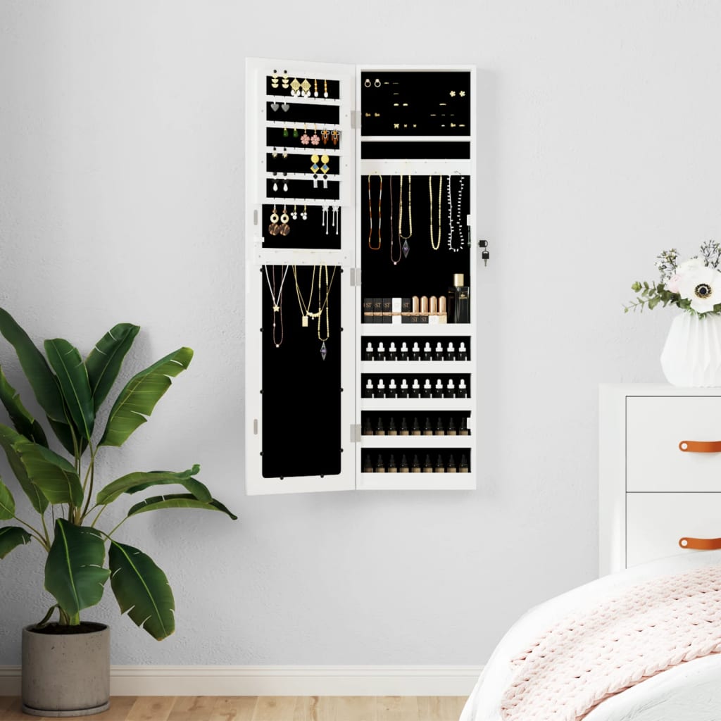 vidaXL Zrkadlová skrinka na šperky nástenná biela 30x8,5x106 cm