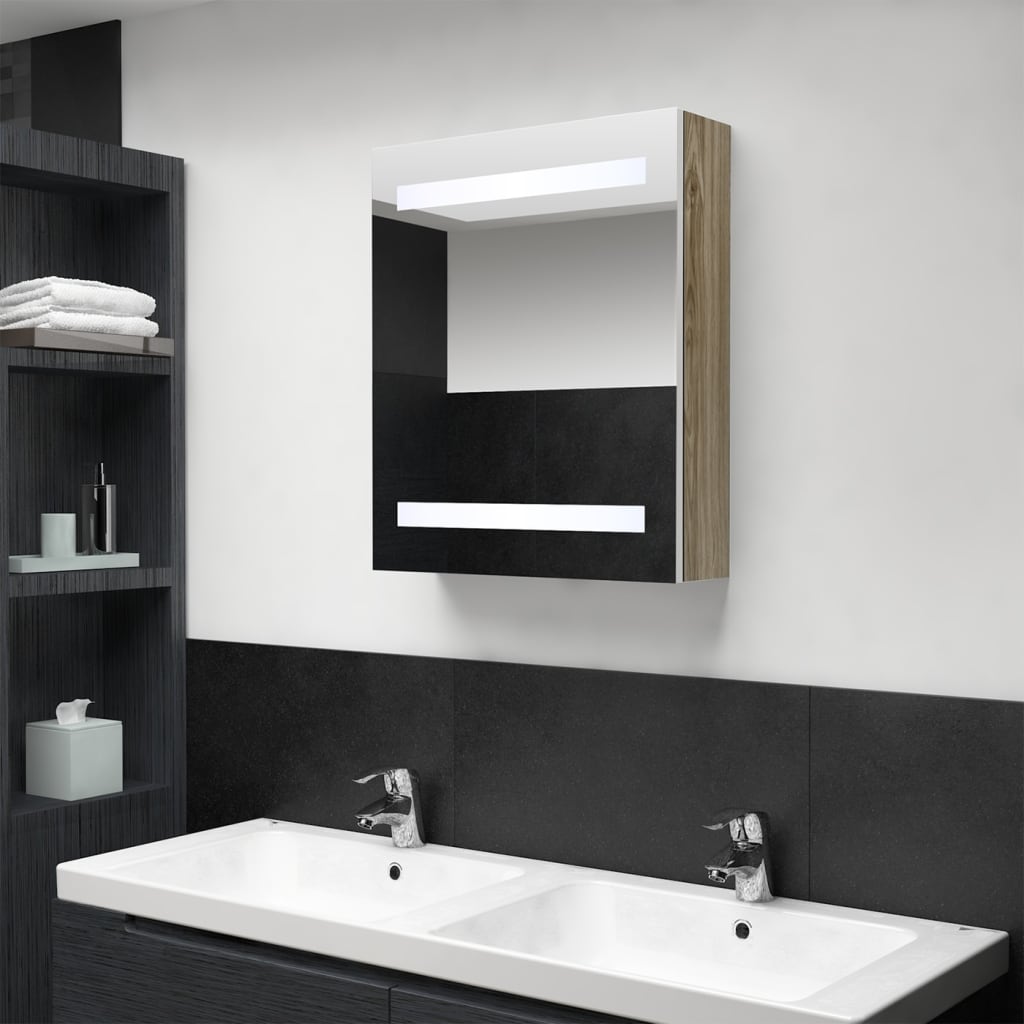 vidaXL LED kúpeľňová zrkadlová skrinka biela a dubová 50x14x60 cm