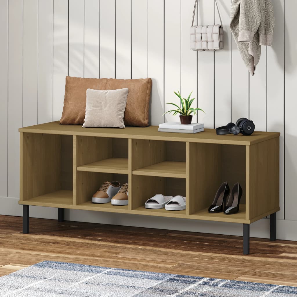 vidaXL Botník s kovovými nohami hnedý 106x35x45 cm masívne drevo OSLO