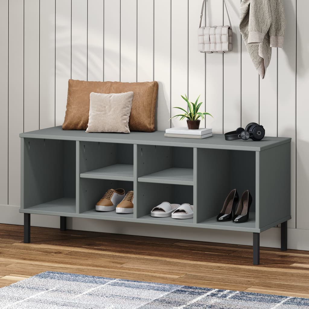 vidaXL Botník s kovovými nohami sivý 106x35x45 cm masívne drevo OSLO
