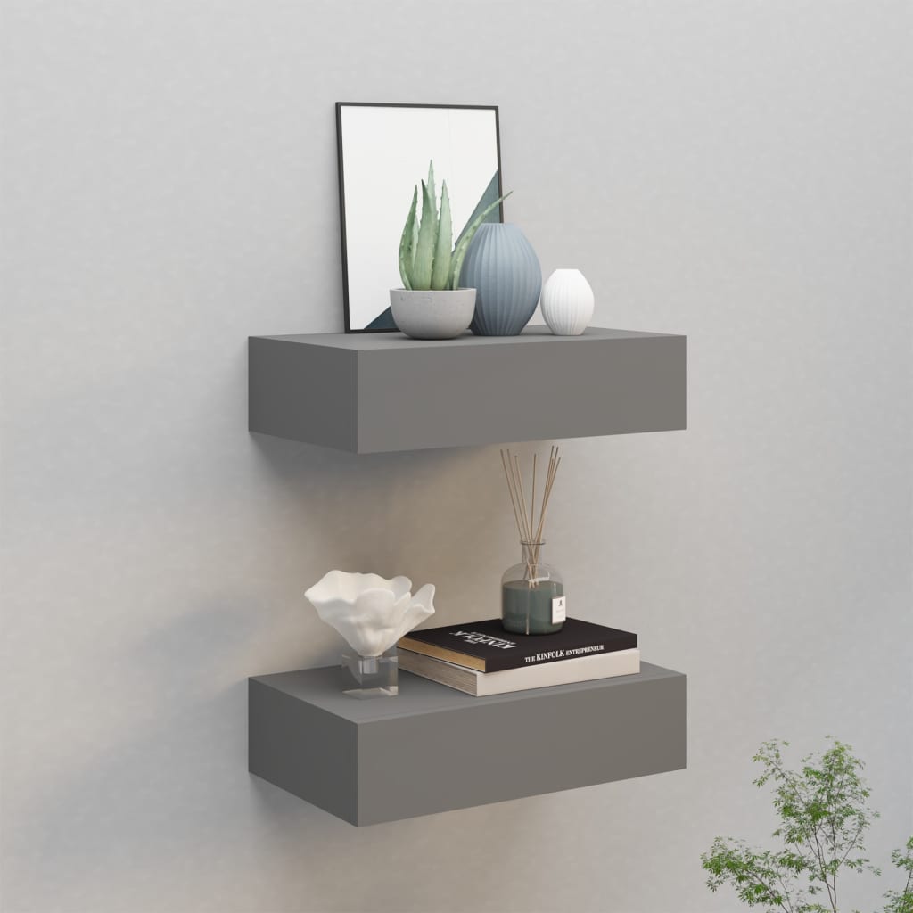 vidaXL Zásuvkové police nástenné 2 ks sivé 40x23,5x10 cm MDF