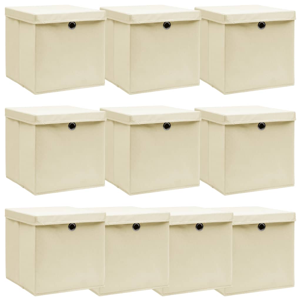 vidaXL Úložné boxy s vrchnákom 10 ks krémové 32x32x32 cm látkové