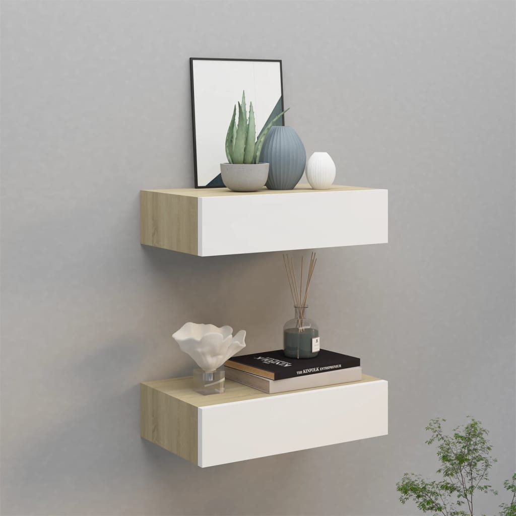 vidaXL Zásuvkové police nástenné 2 ks dubové a biele 40x23,5x10 cm MDF