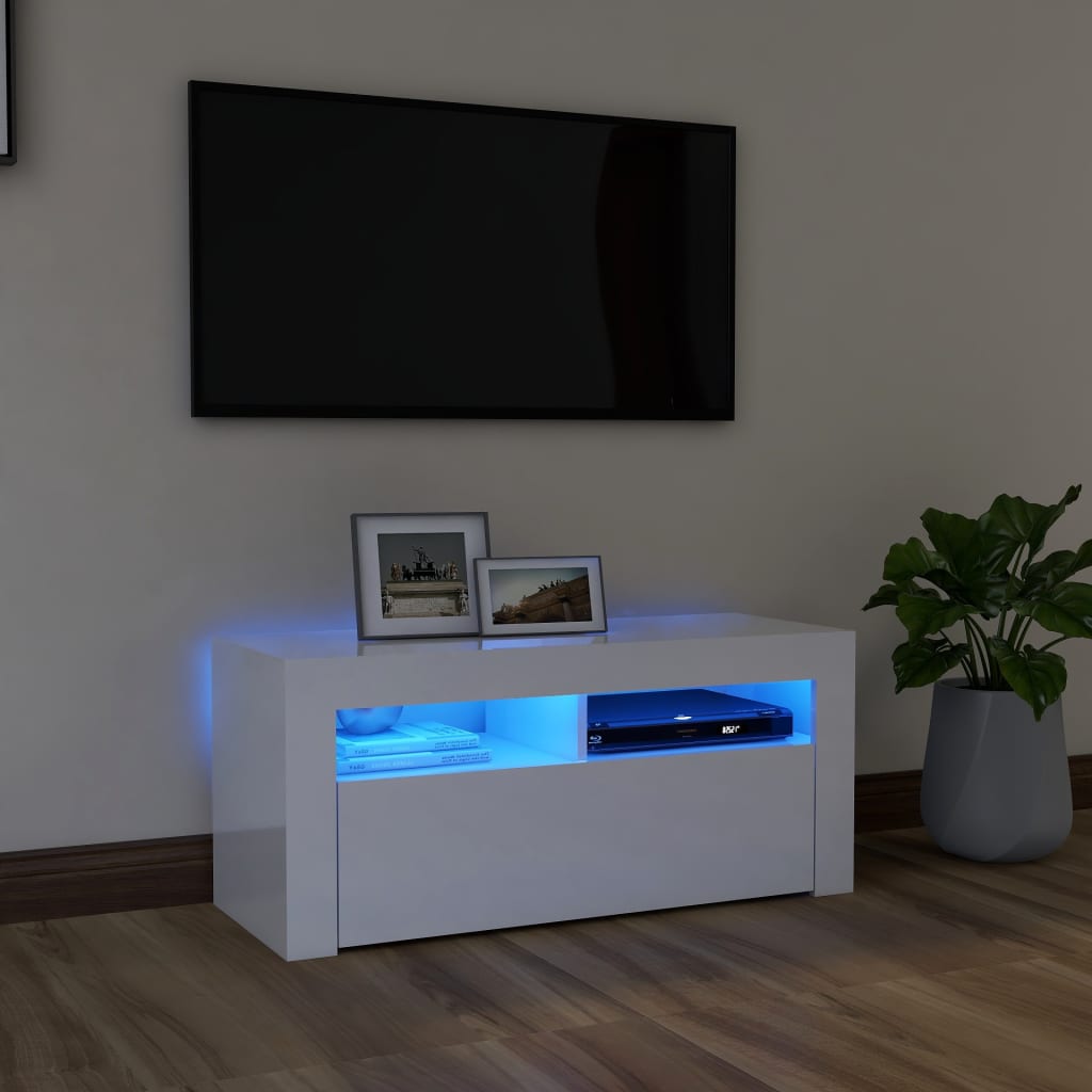 vidaXL TV skrinka s LED svetlami lesklá biela 90x35x40 cm