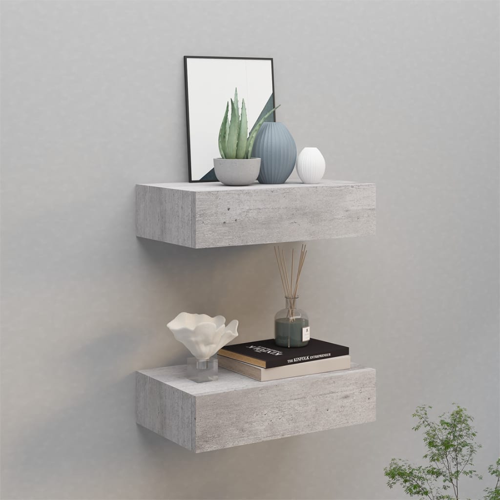 vidaXL Zásuvkové police nástenné 2 ks betónovo-sivé 40x23,5x10 cm MDF