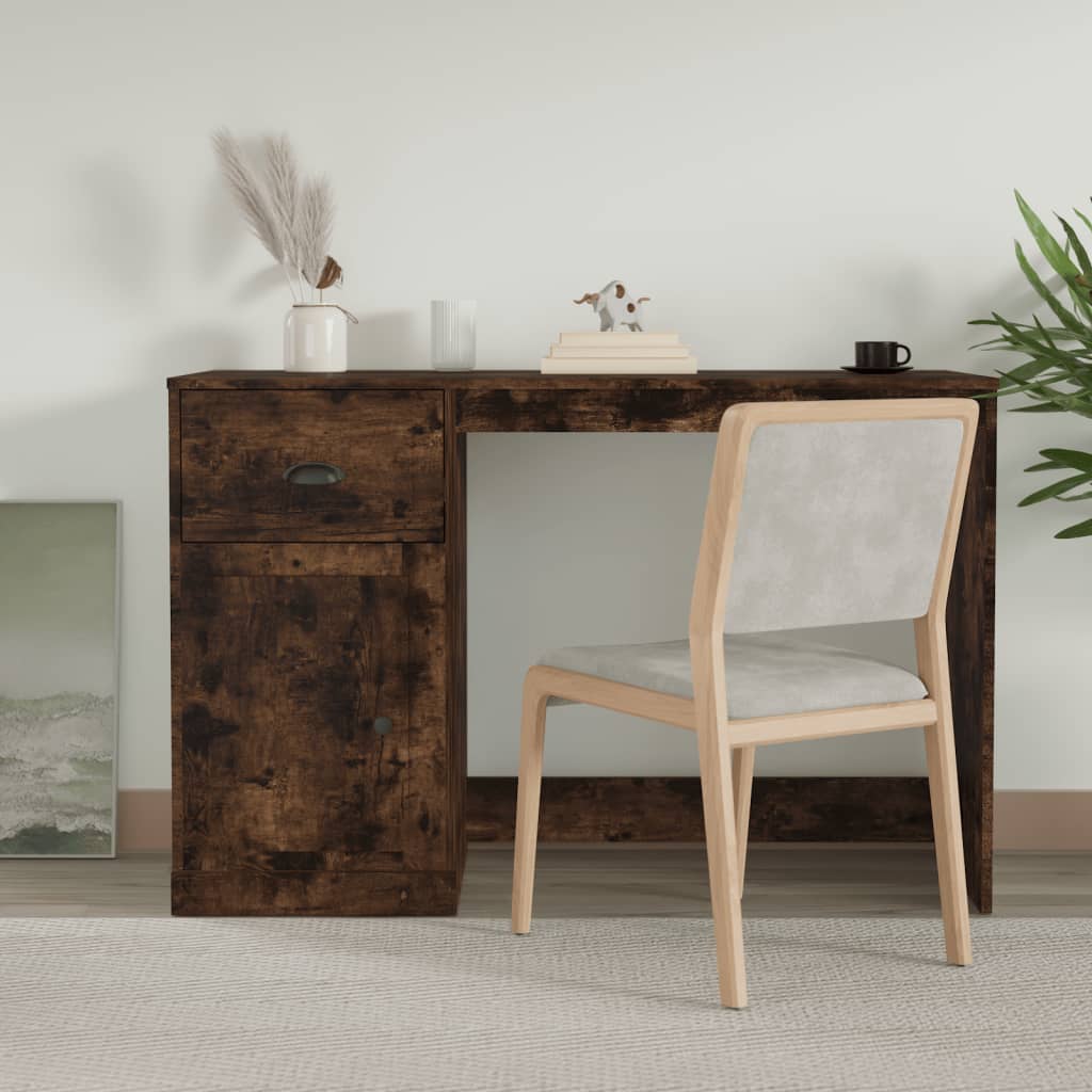 vidaXL Stolík so zásuvkami dymový dub 115x50x75 cm kompozitné drevo
