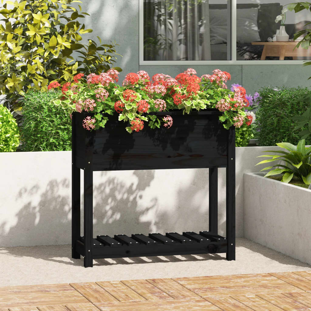 vidaXL Kvetináč s policou čierny 82,5x34,5x81 cm masívna borovica