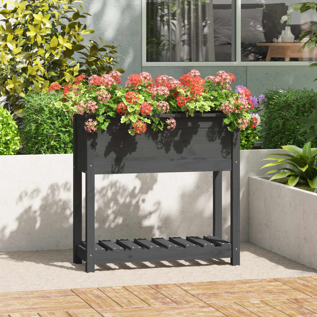 vidaXL Kvetináč s policou sivý 82,5x34,5x81 cm masívna borovica