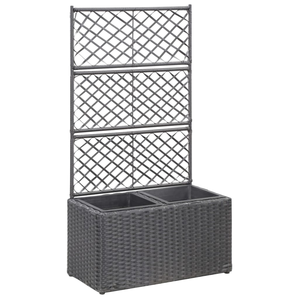 vidaXL Vyvýšený záhon+mriežka, 2 nádoby 58x30x107cm, polyratan, čierny