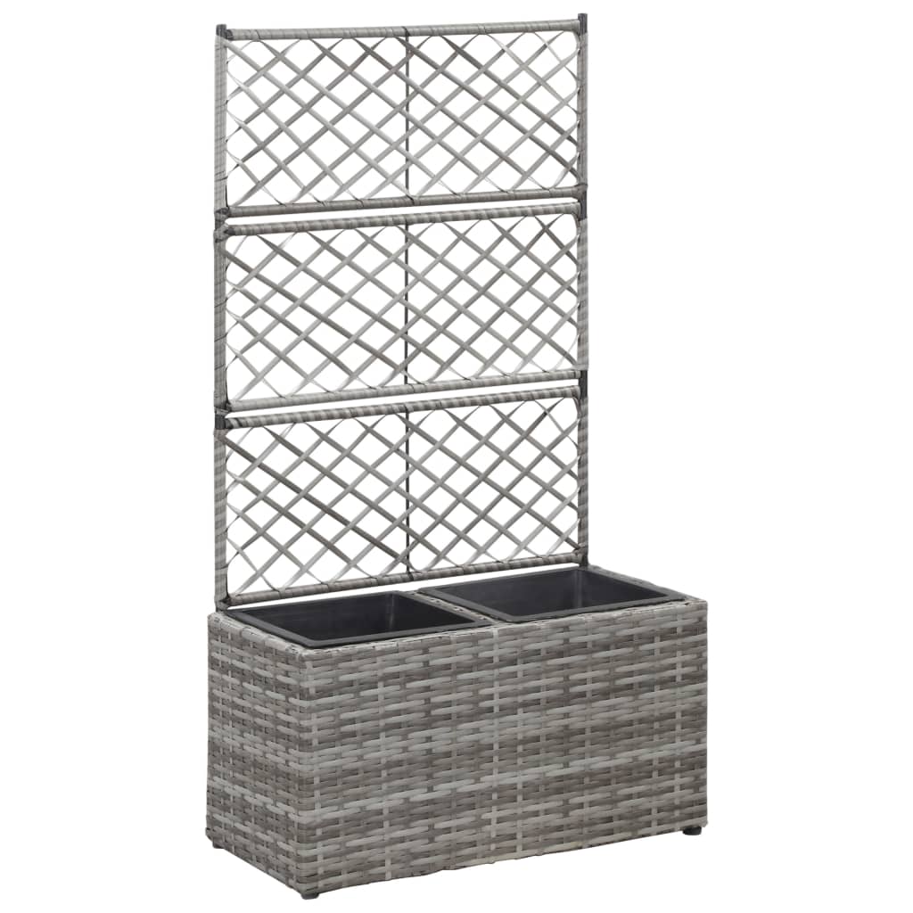 vidaXL Vyvýšený záhon+mriežka, 2 nádoby 58x30x107 cm, polyratan, sivý