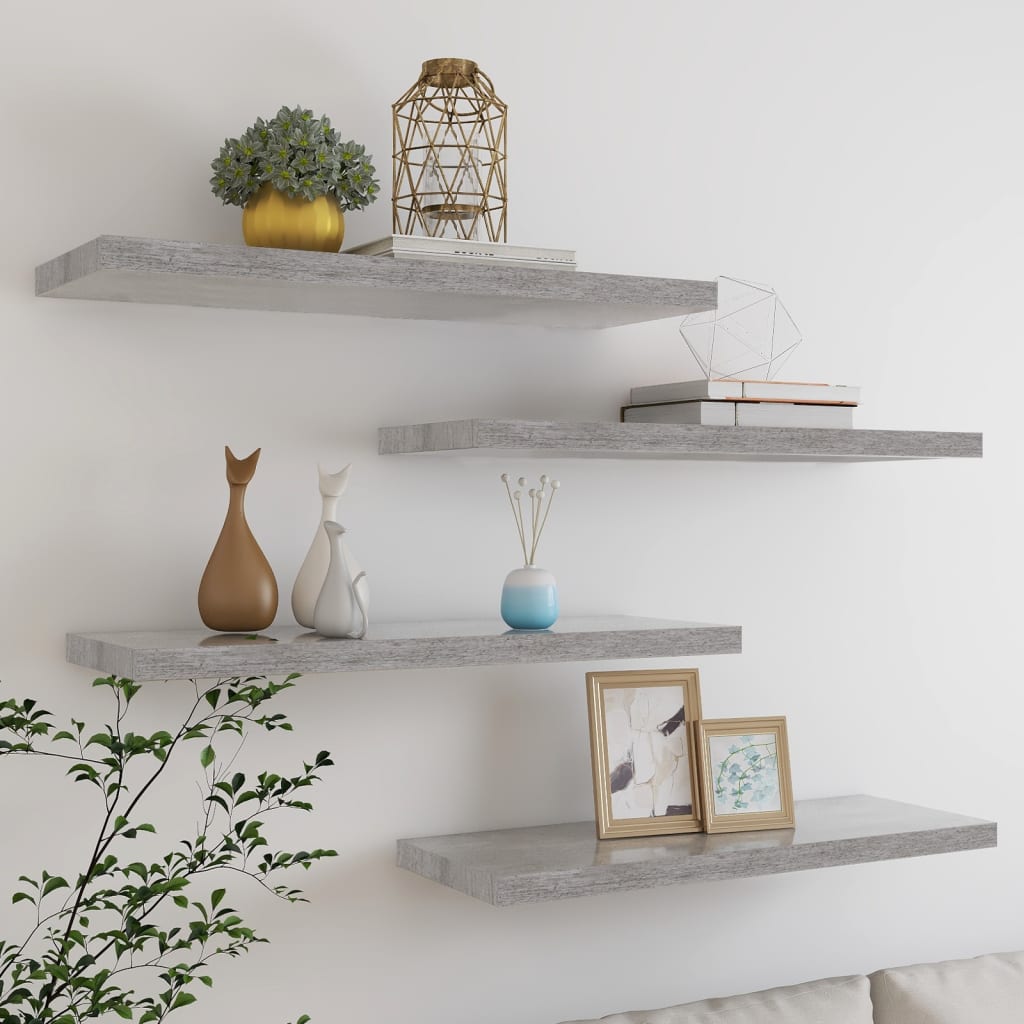 vidaXL Plávajúce nástenné police 4 ks betónové sivé 80x23,5x3,8 cm MDF