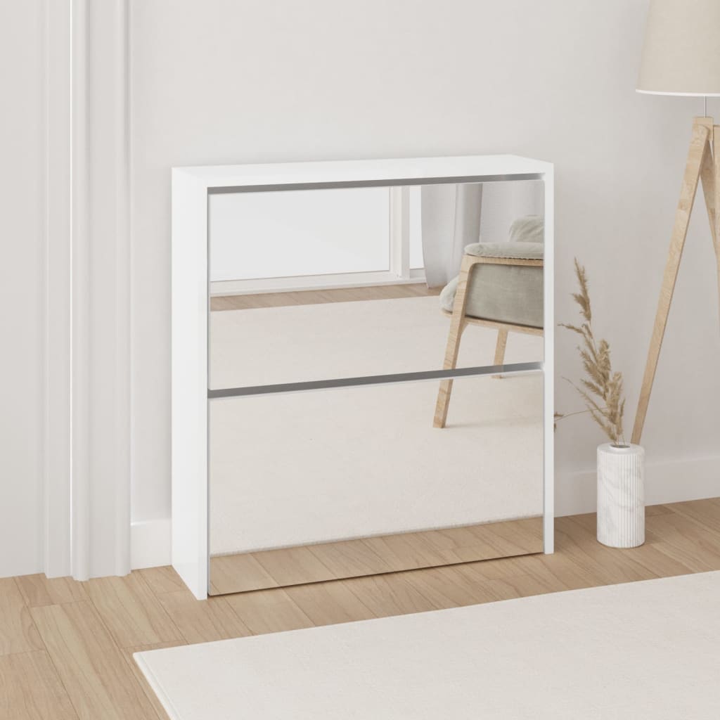 vidaXL Botník so zrkadlom 2-poschodový lesklý biely 63x17x67 cm