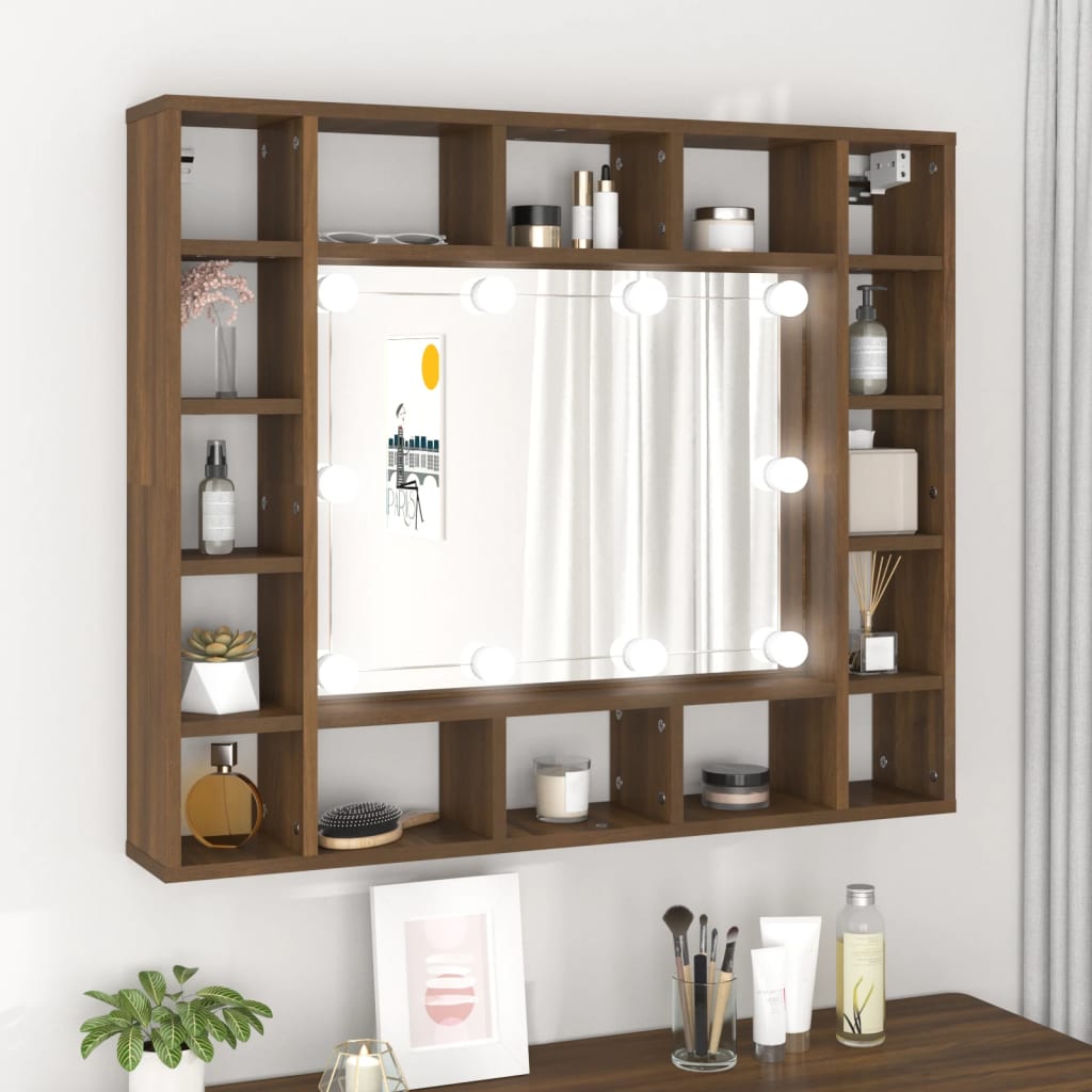 vidaXL Zrkadlová skrinka s LED hnedý dub 91x15x76,5 cm