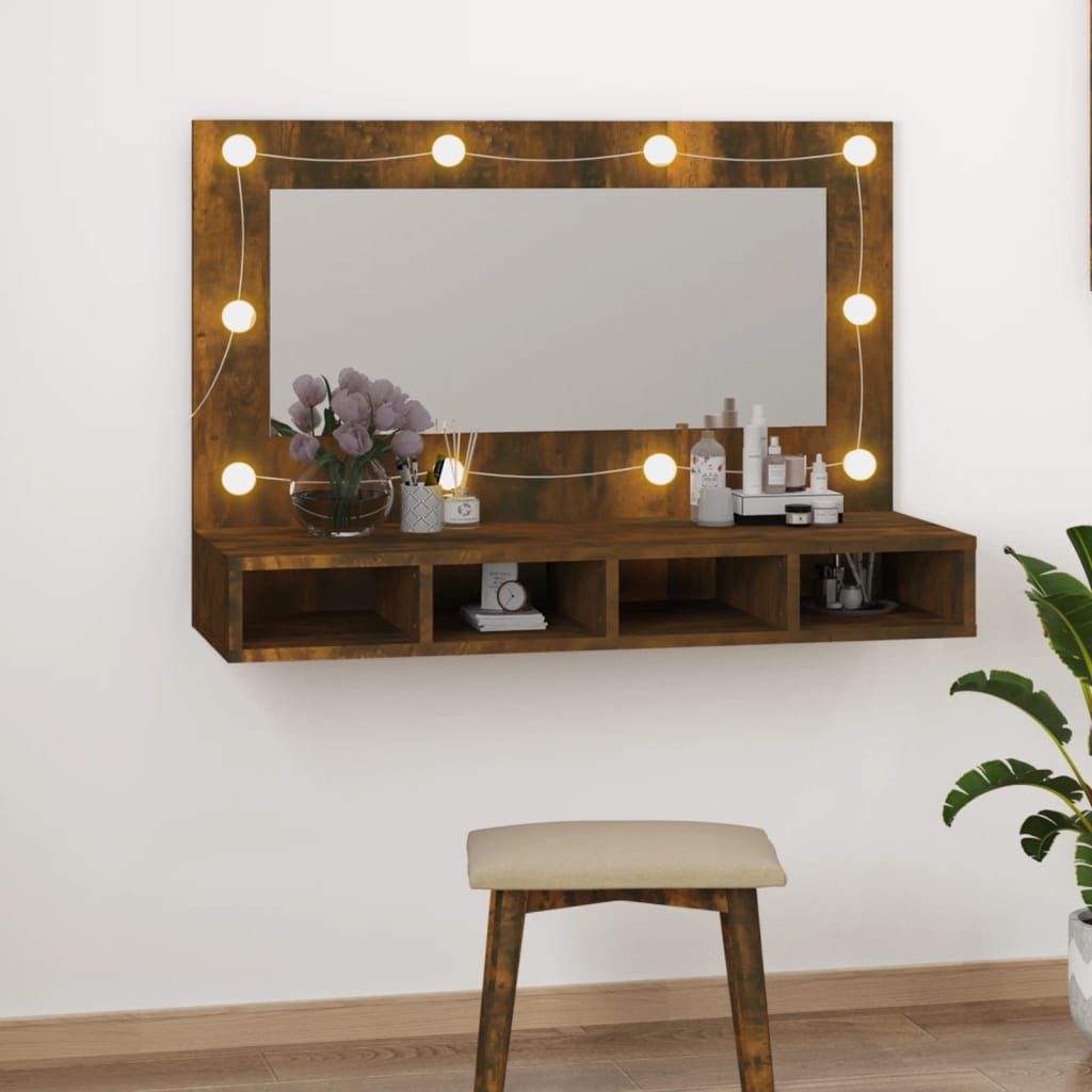 vidaXL Zrkadlová skrinka s LED dymový dub 90x31,5x62 cm