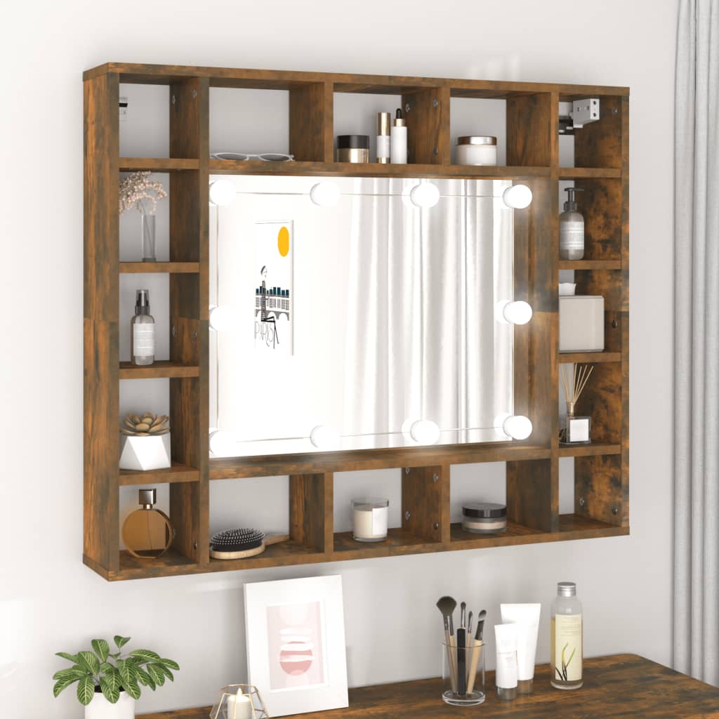 vidaXL Zrkadlová skrinka s LED dymový dub 91x15x76,5 cm