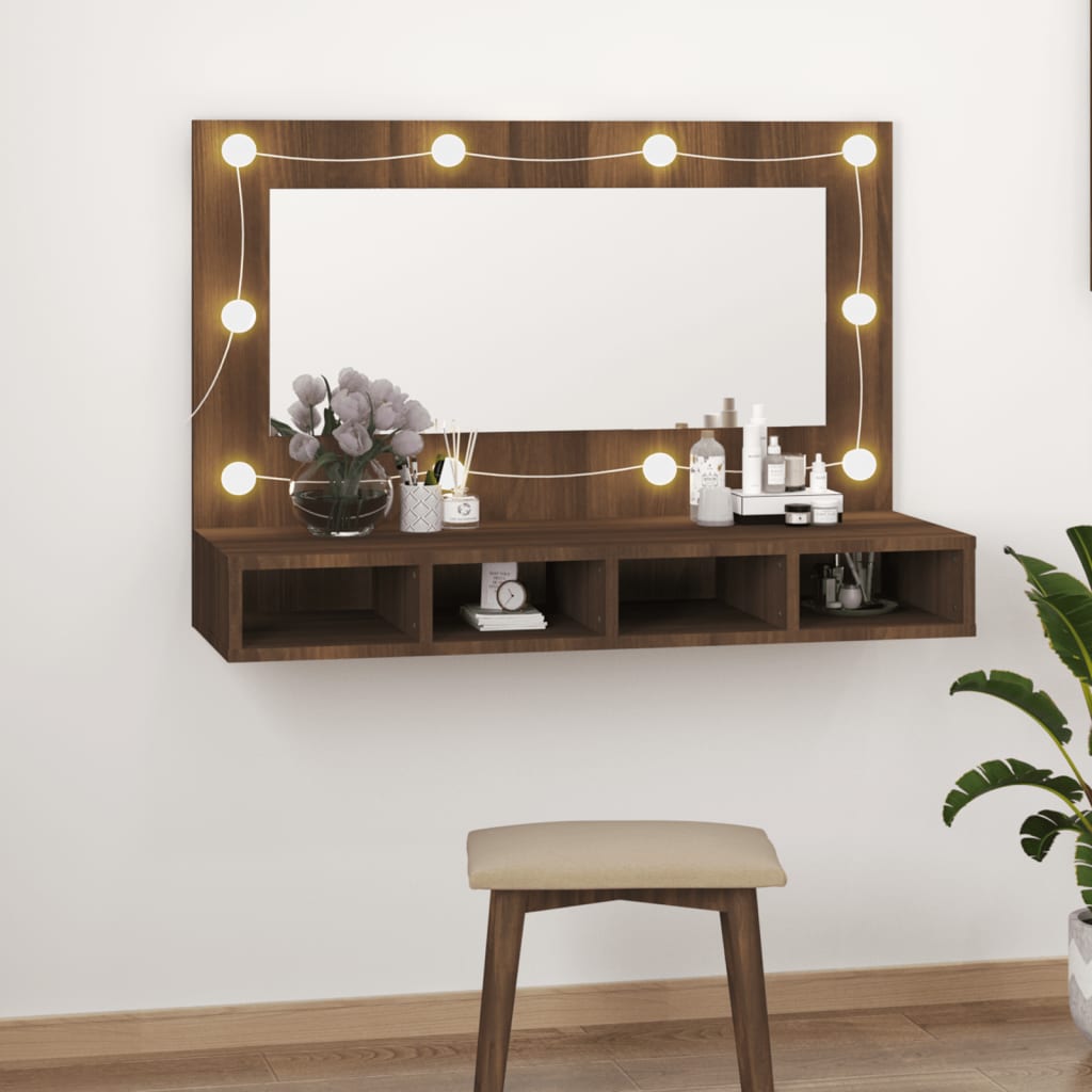 vidaXL Zrkadlová skrinka s LED hnedý dub 90x31,5x62 cm