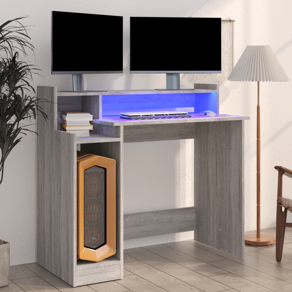 vidaXL Stôl s LED svetlami, sivá sonoma 97x45x90 cm, kompozitné drevo