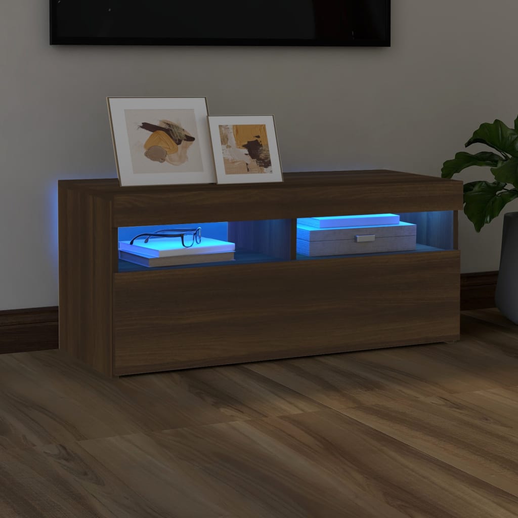 vidaXL TV skrinka s LED svetlami hnedý dub 90x35x40 cm
