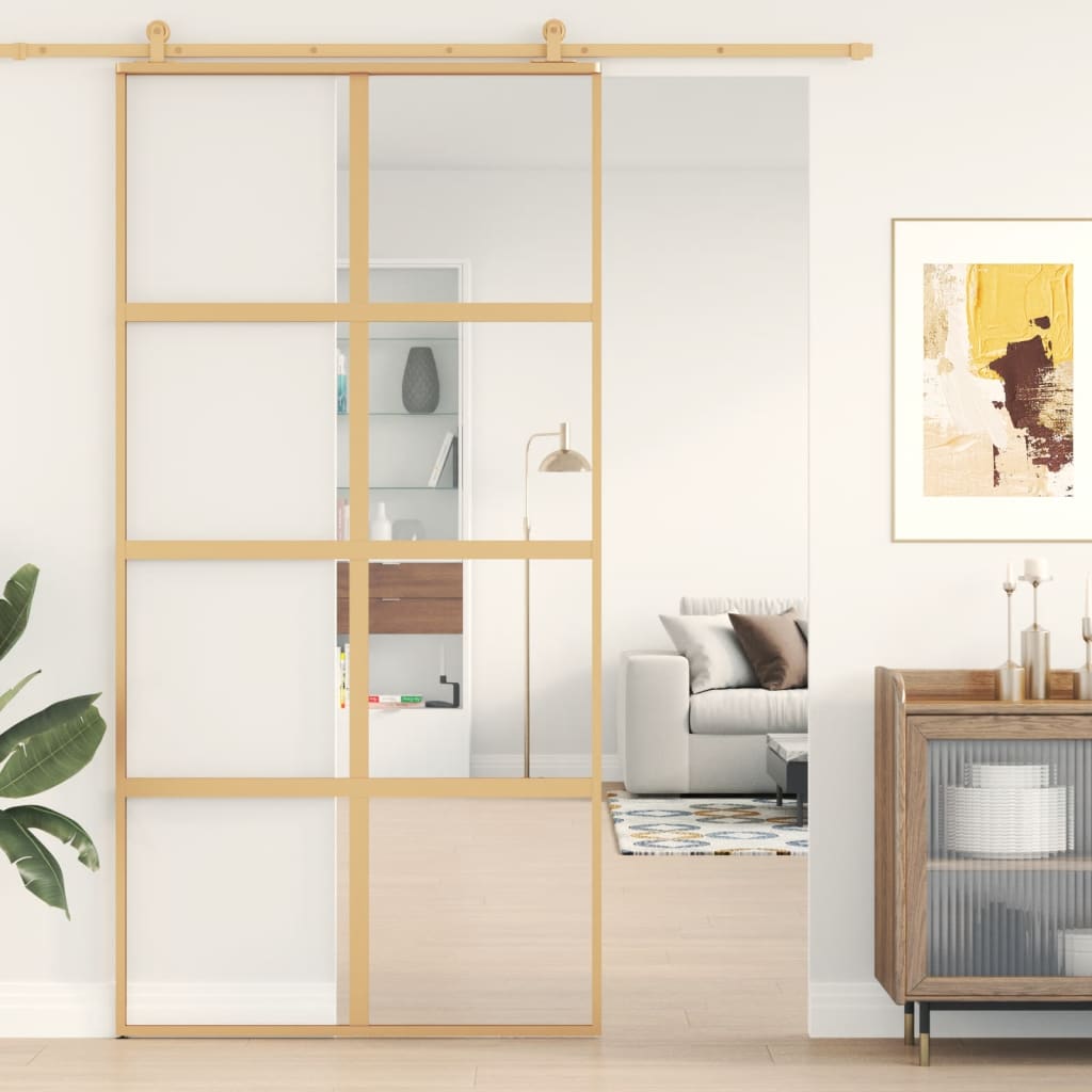 vidaXL Posuvné dvere zlaté 102,5x205 cm číre ESG sklo a hliník