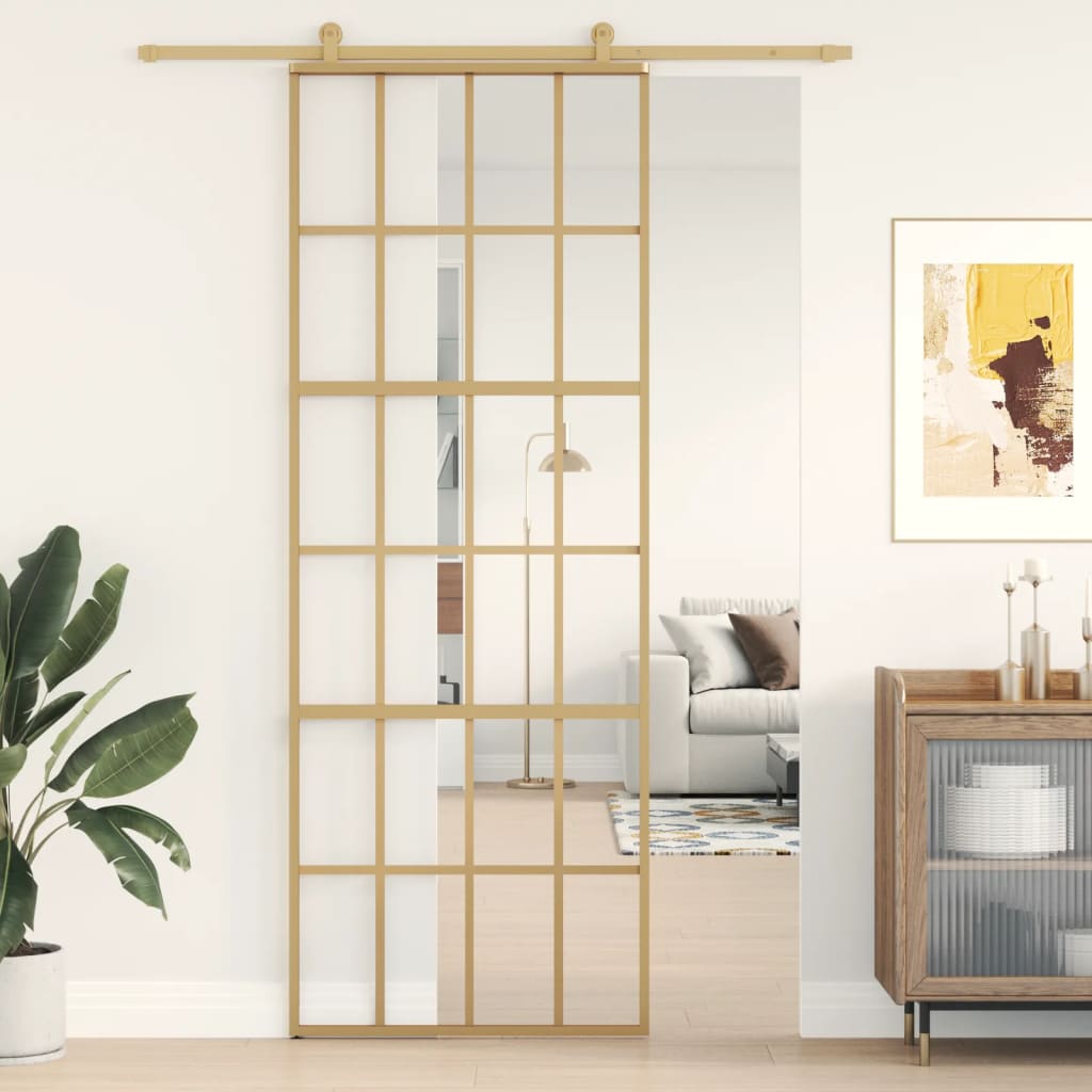 vidaXL Posuvné dvere zlaté 76x205 cm číre ESG sklo a hliník
