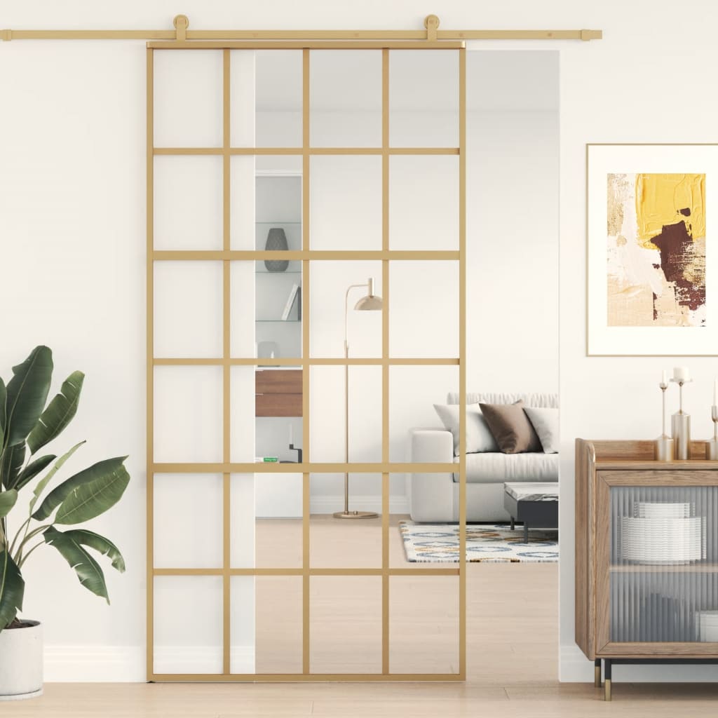 vidaXL Posuvné dvere zlaté 102,5x205 cm číre ESG sklo a hliník