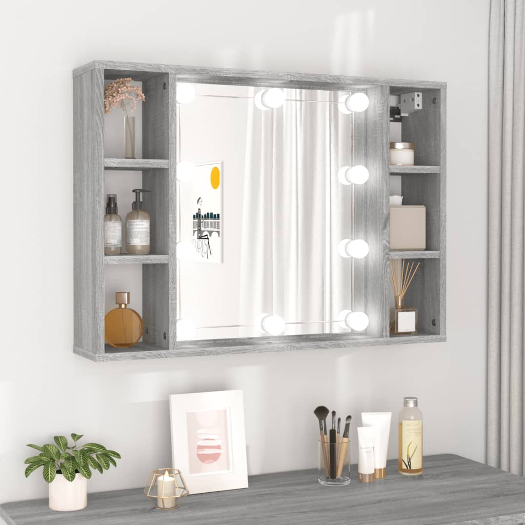 vidaXL Zrkadlová skrinka s LED sivý dub sonoma 76x15x55 cm