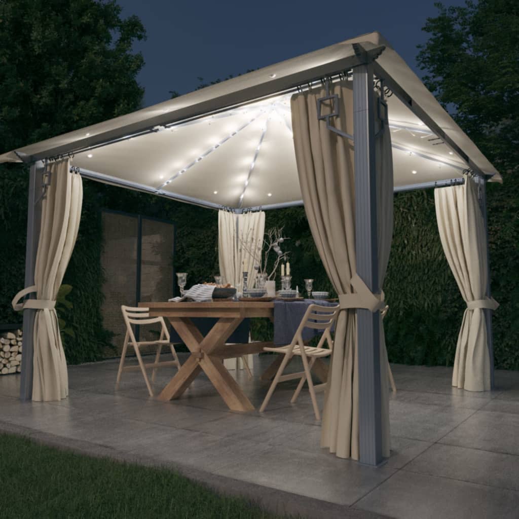 vidaXL Altánok so závesom a LED reťazou 3x3 m, krémový, hliník