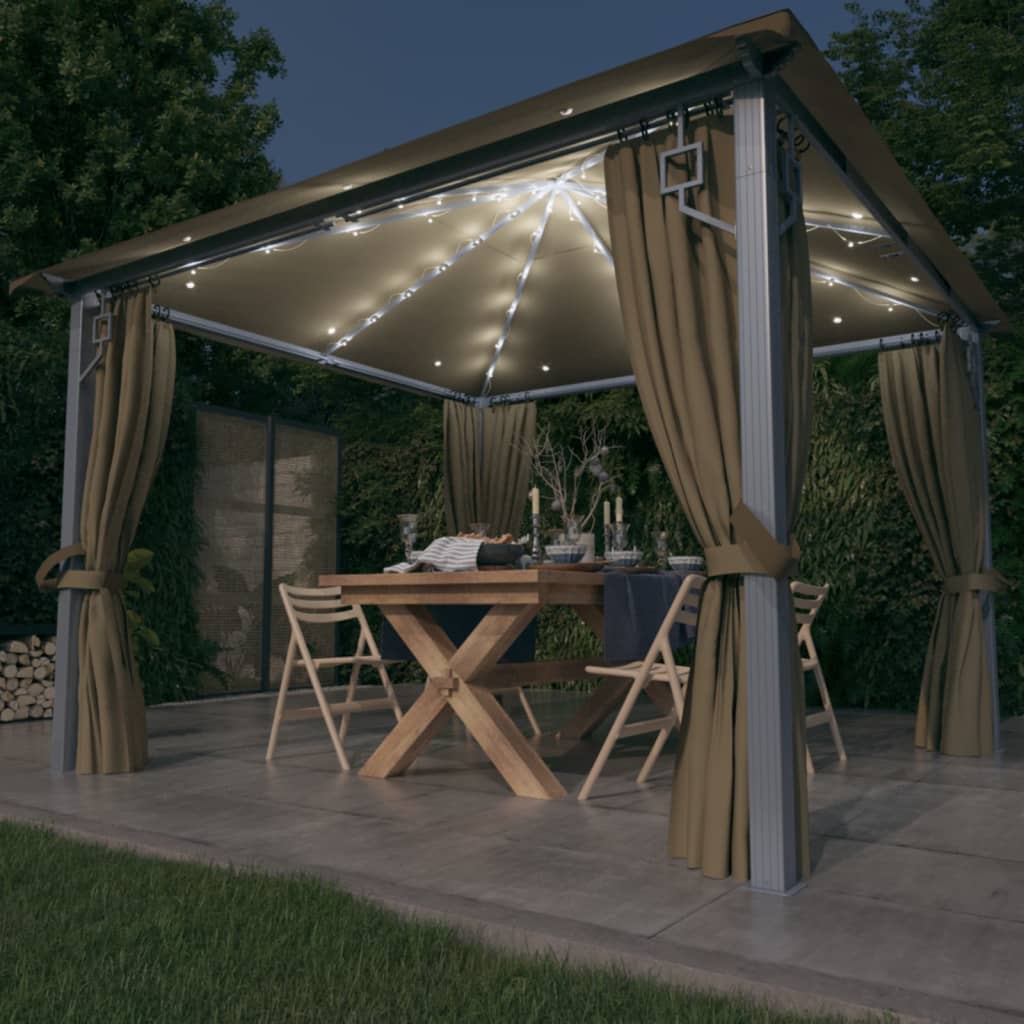 vidaXL Altánok so závesom a LED reťazou 3x3 m, sivohnedý, hliník