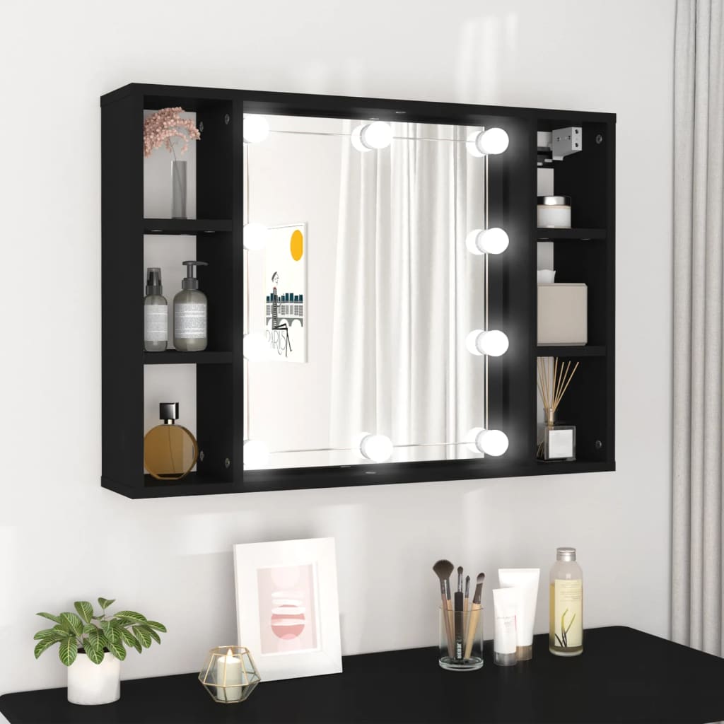 vidaXL Zrkadlová skrinka s LED čierna 76x15x55 cm