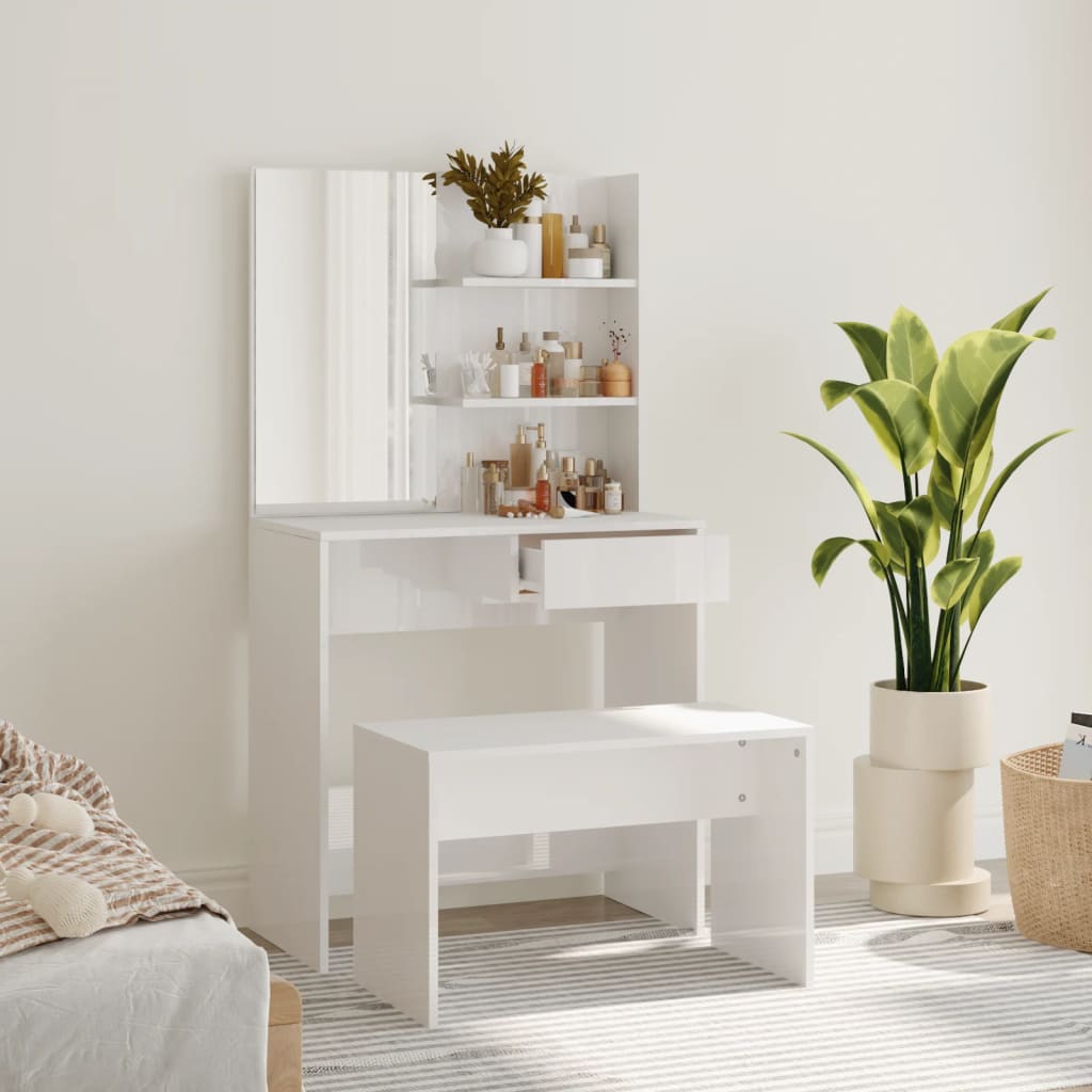 vidaXL Sada toaletného stolíka lesklá biela 74,5x40x141 cm