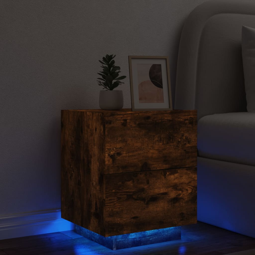 vidaXL Nočný stolík s LED svetlami dymový dub kompozitné drevo