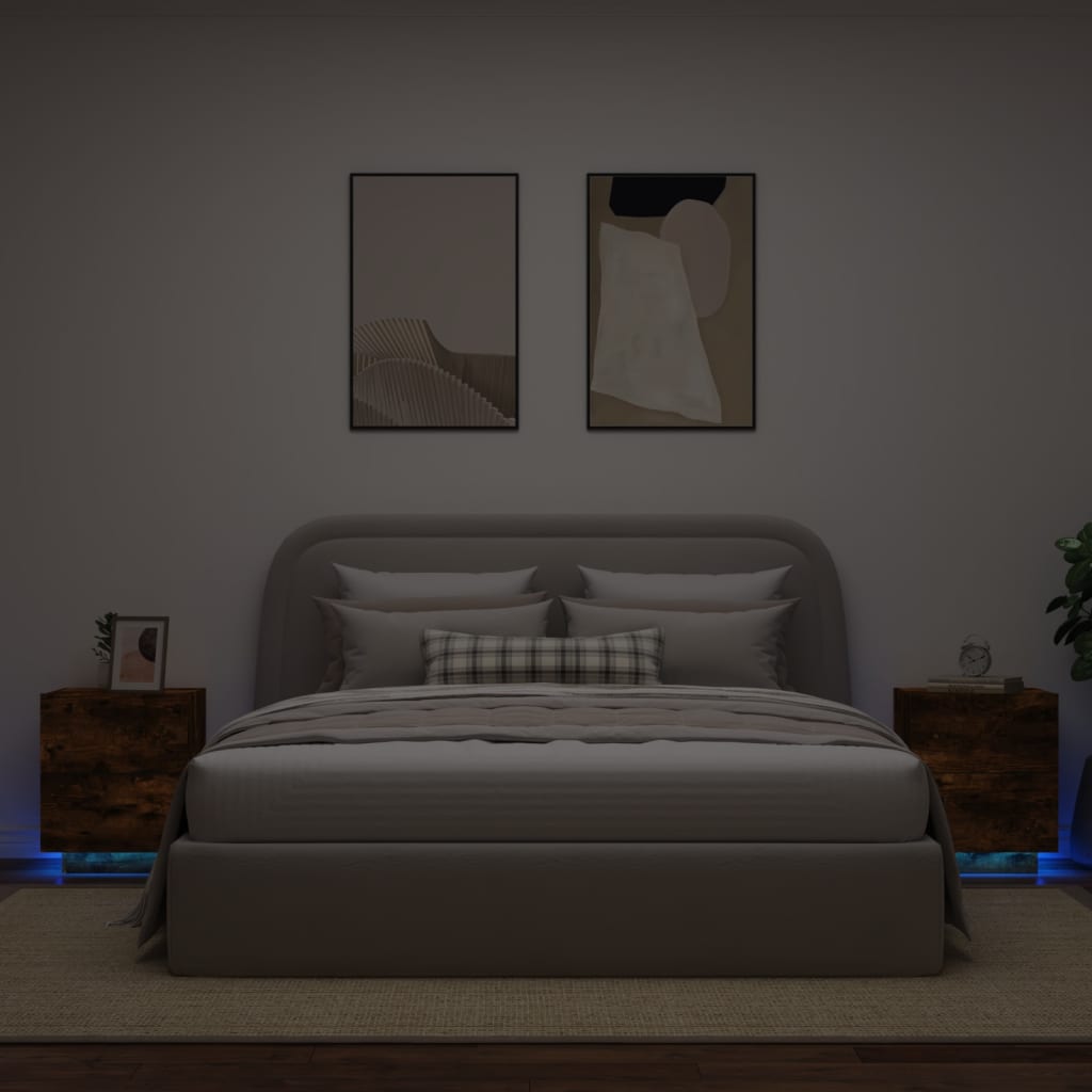 vidaXL Nočné stolíky s LED svetlami 2 ks dymový dub kompozitné drevo