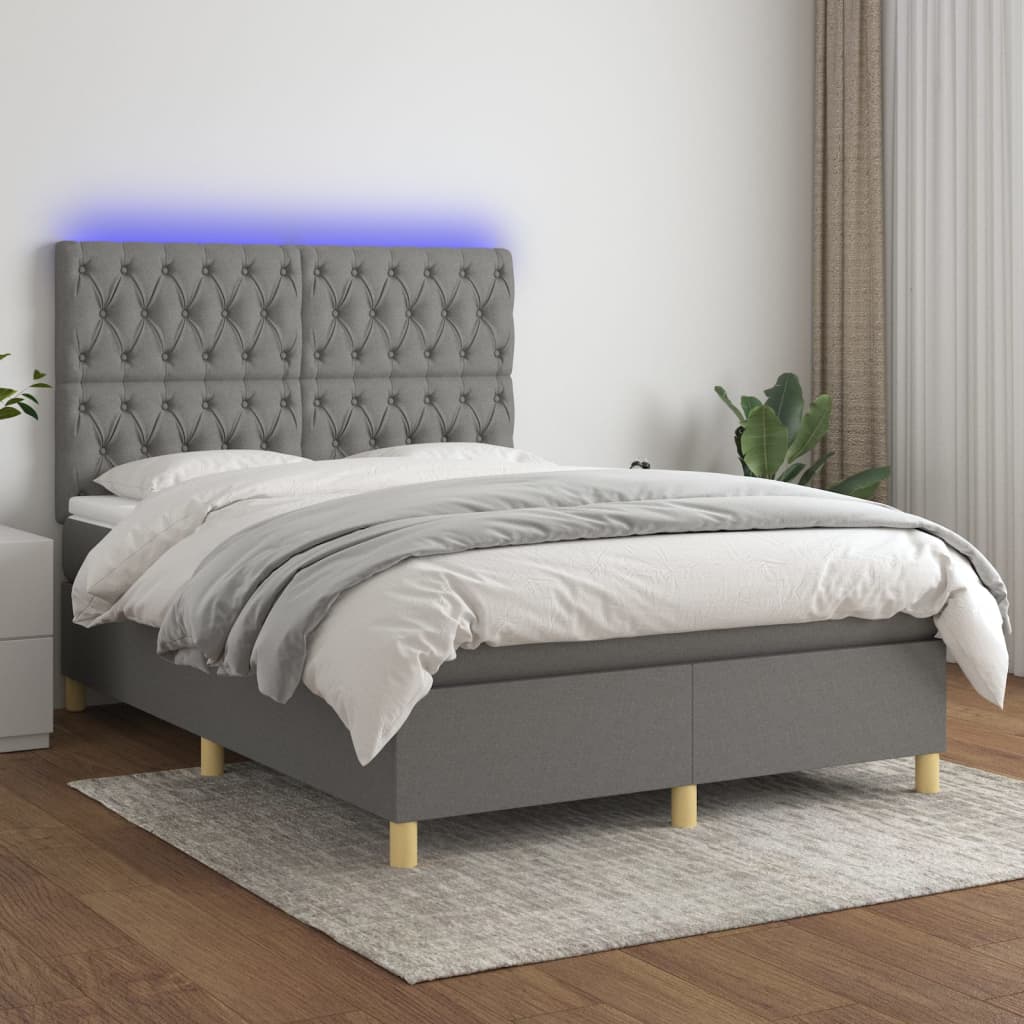 vidaXL Posteľ boxsping s matracom a LED tmavosivá 140x200 cm látka