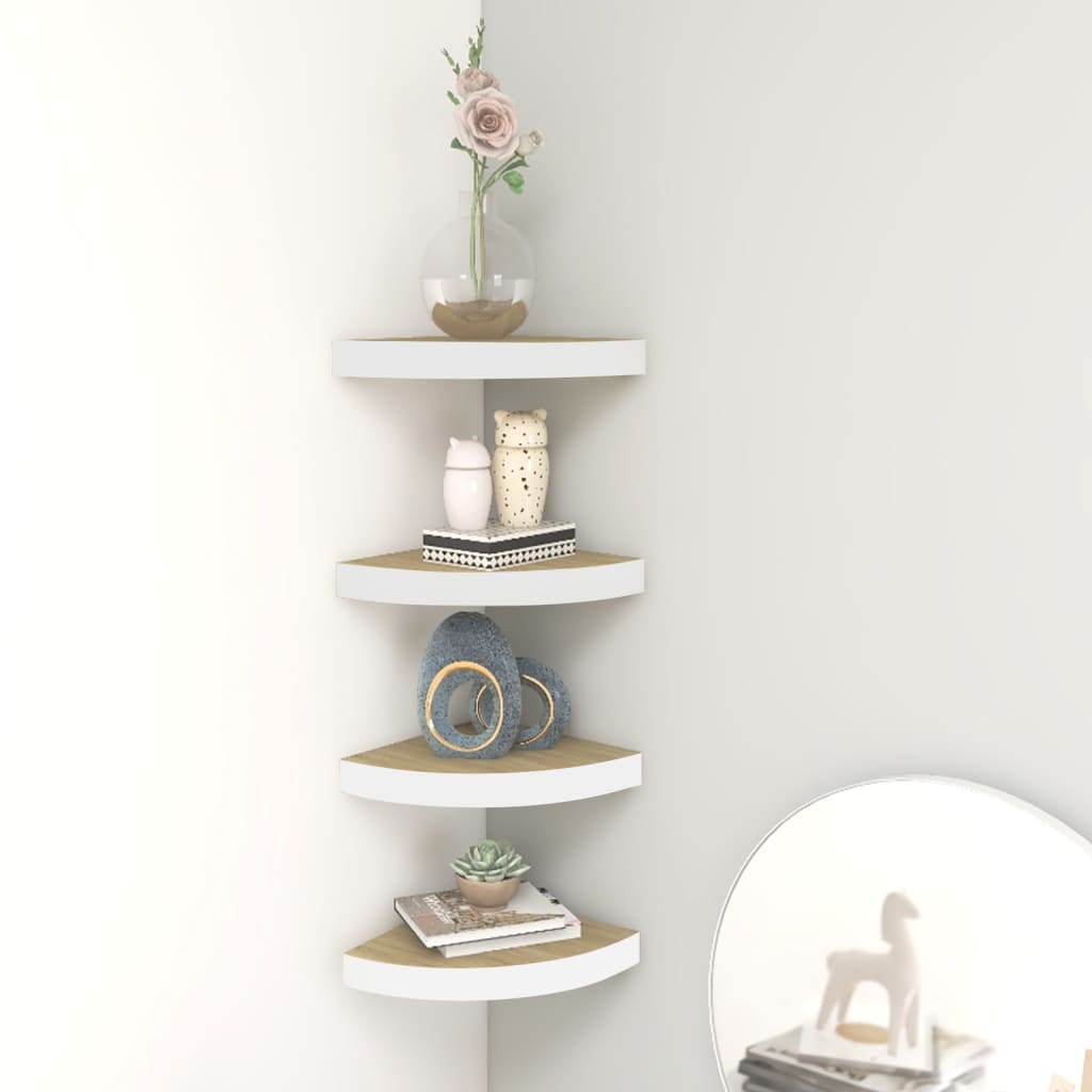 vidaXL Nástenné rohové police 4 ks dub a biele 35x35x3,8 cm MDF