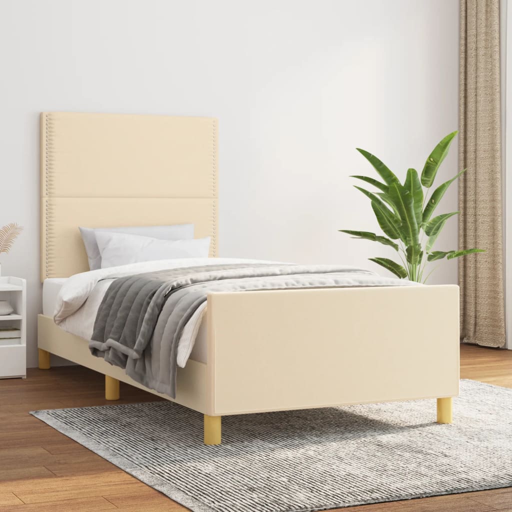 vidaXL Posteľný rám s čelom krémový 90x190 cm látka