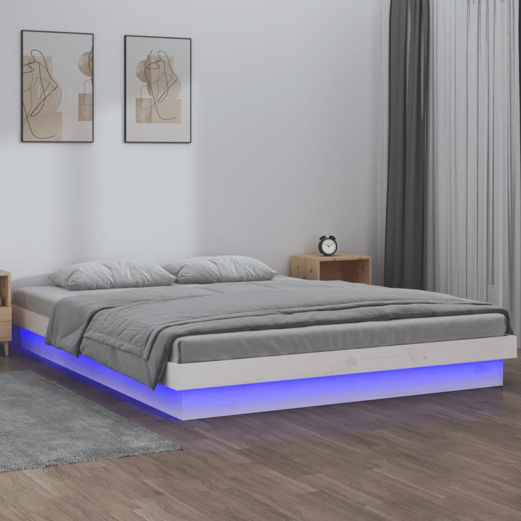 vidaXL Posteľný rám s LED, biely 150x200 cm, King, drevený masív
