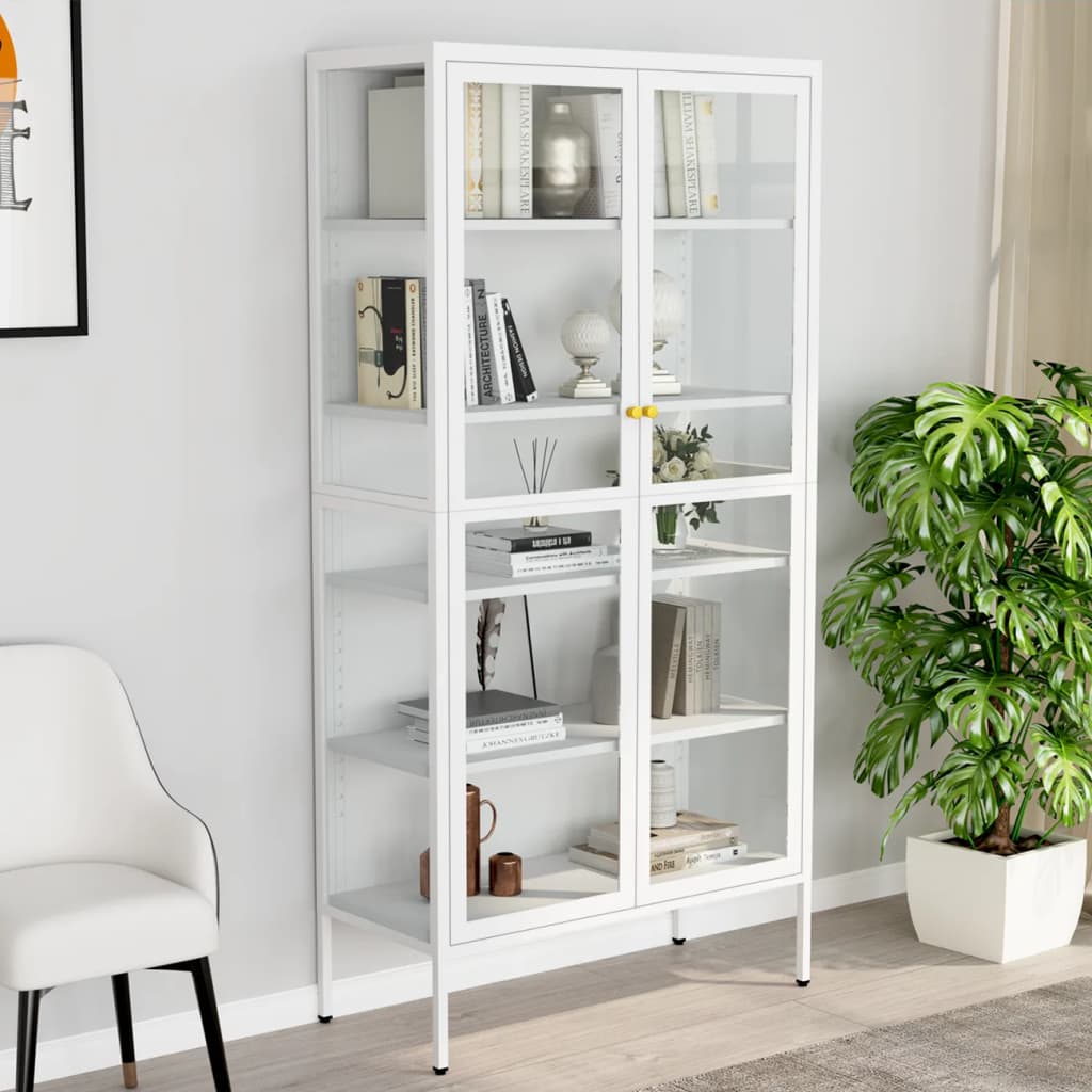 vidaXL Vitrína biela 90x40x180 cm oceľ a tvrdené sklo
