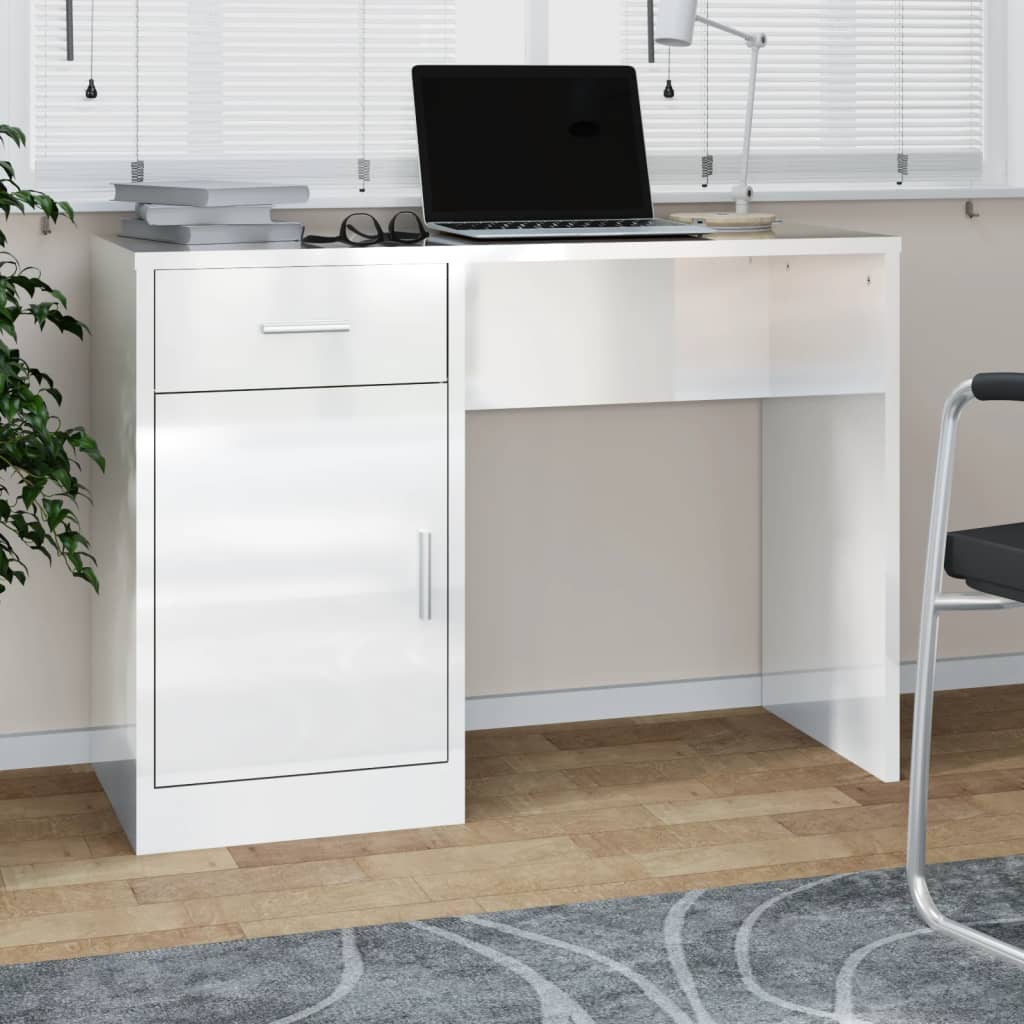 vidaXL Stolík, zásuvka a skrinka lesklá biela 100x40x73cm sprac. drevo