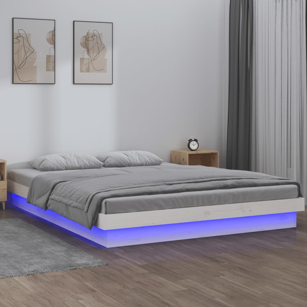 vidaXL Posteľný rám s LED, biely 180x200 cm, Super King, drevený masív