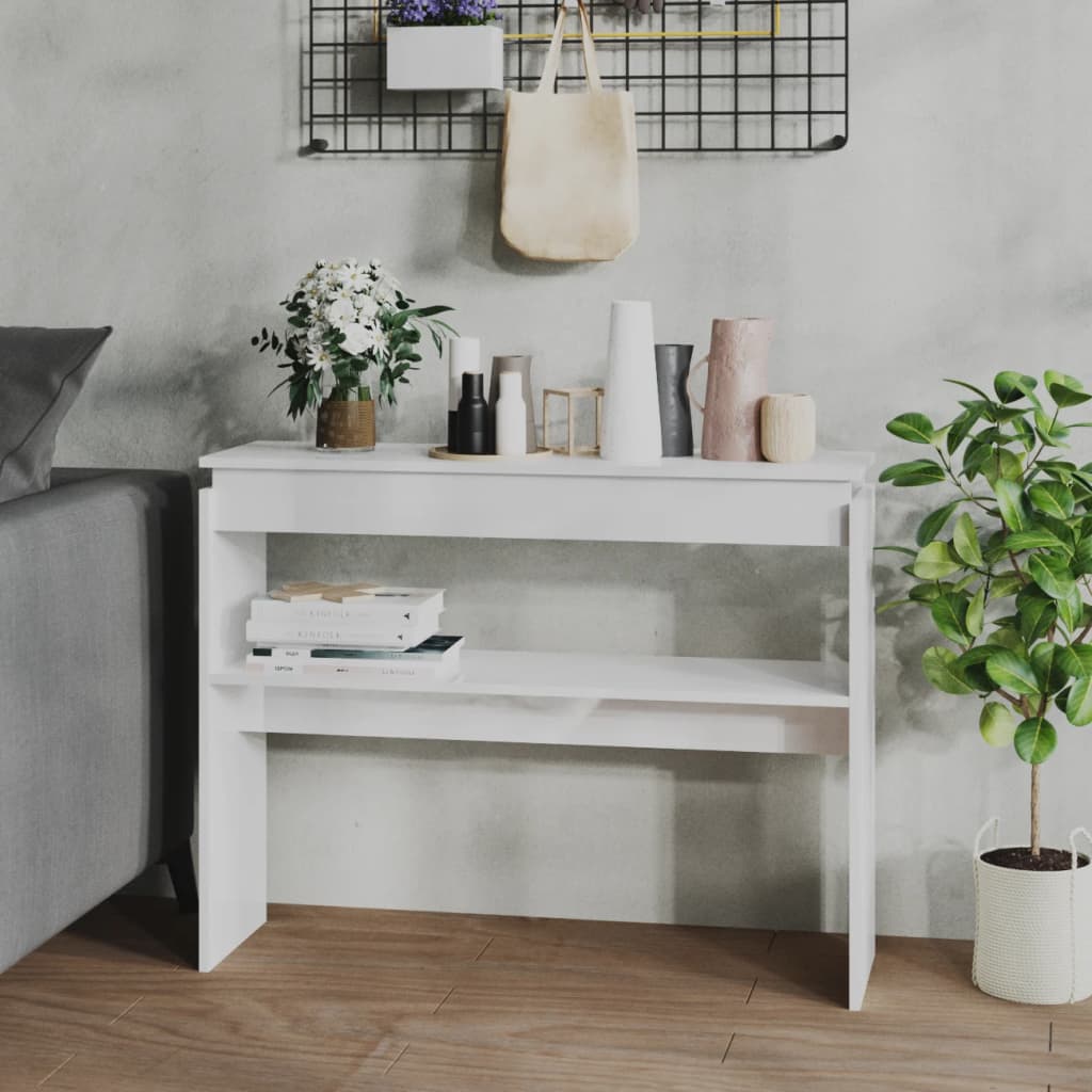 vidaXL Konzolový stolík lesklý biely 102x30x80 cm drevotrieska