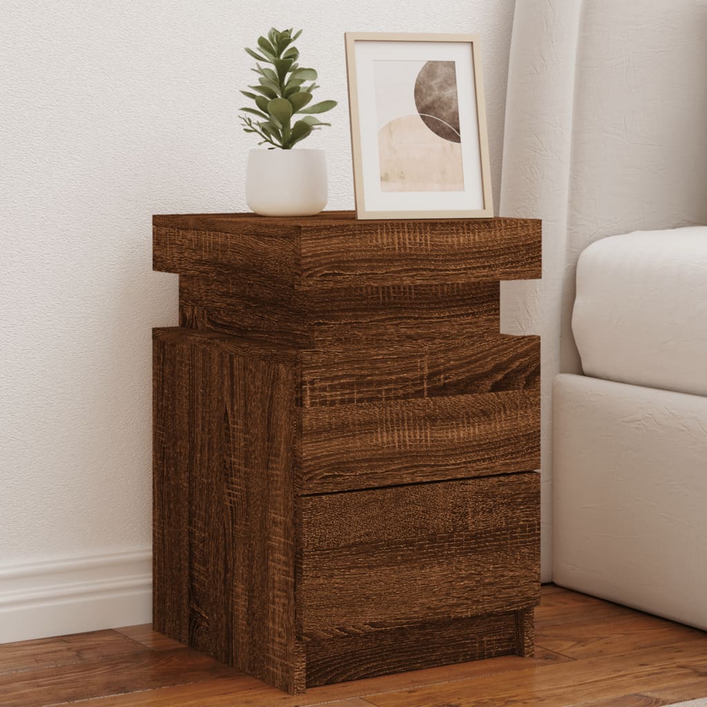 vidaXL Nočné stolíky s LED svetlami 2 ks hnedý dub 35x39x55 cm