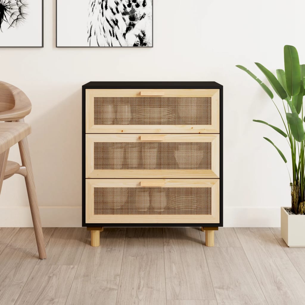 vidaXL Komoda čierna 60x30x70 cm masívna borovica a prírodný ratan