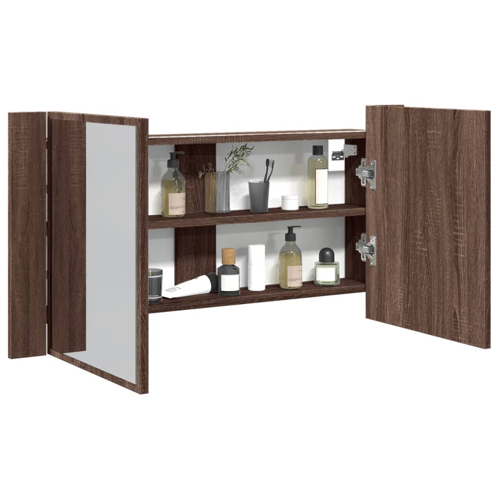 vidaXL LED kúpeľňová zrkadlová skrinka hnedý dub 90x12x45 cm akryl