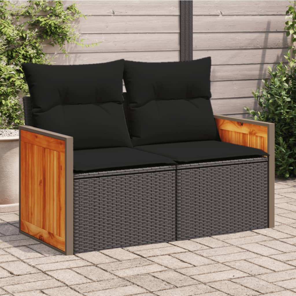 vidaXL Záhradná pohovka s vankúšmi 2-miestna čierna polyrattan