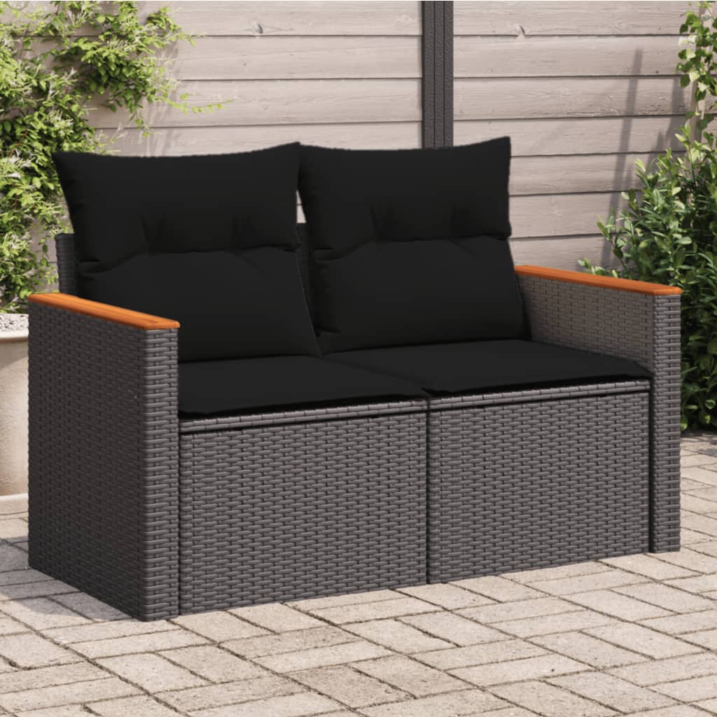 vidaXL Záhradná pohovka s vankúšmi 2-miestna čierna polyrattan